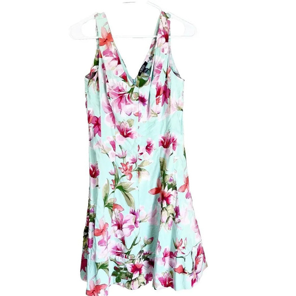 Chaps Womens Blue Pink A Line Dress 10 Floral V-Neck Sleeveless Tropical Easter - Picture 1 of 7